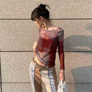 Milyfashion ใหม่ เสื้อยืดแขนยาว ผ้าโปร่งซีทรู เข้ารูป เซ็กซี่ สําหรับผู้หญิง 2023