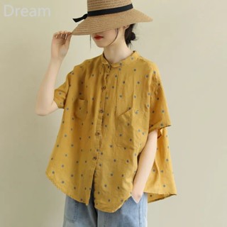 Large size womens summer artistic retro polka dot shirt loose casual versatile small lapel doll shirt age-reducing shirt