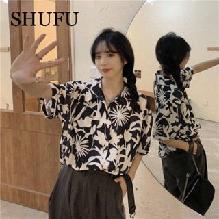 Shufu 2380 พร้อมส่ง เสื้อเชิ้ตแขนสั้น ผ้าชีฟอง ลายดอกไม้ ทรงหลวม สไตล์เกาหลี พลัสไซซ์ สําหรับผู้หญิง