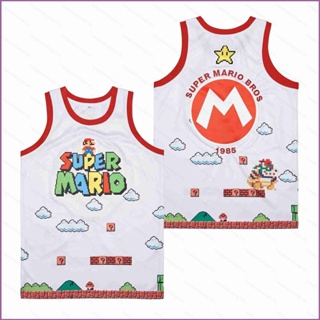 เสื้อกีฬาบาสเก็ตบอล ลาย Ani Super Mario Bros สีขาว สไตล์เรโทร สําหรับผู้ชาย และผู้หญิง พลัสไซซ์