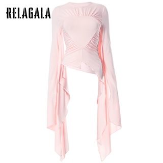 Relagala ใหม่ เสื้อยืดลําลอง แขนยาว คอกลม เข้ารูป สีพื้น แฟชั่นเรียบง่าย สําหรับสตรี 2023