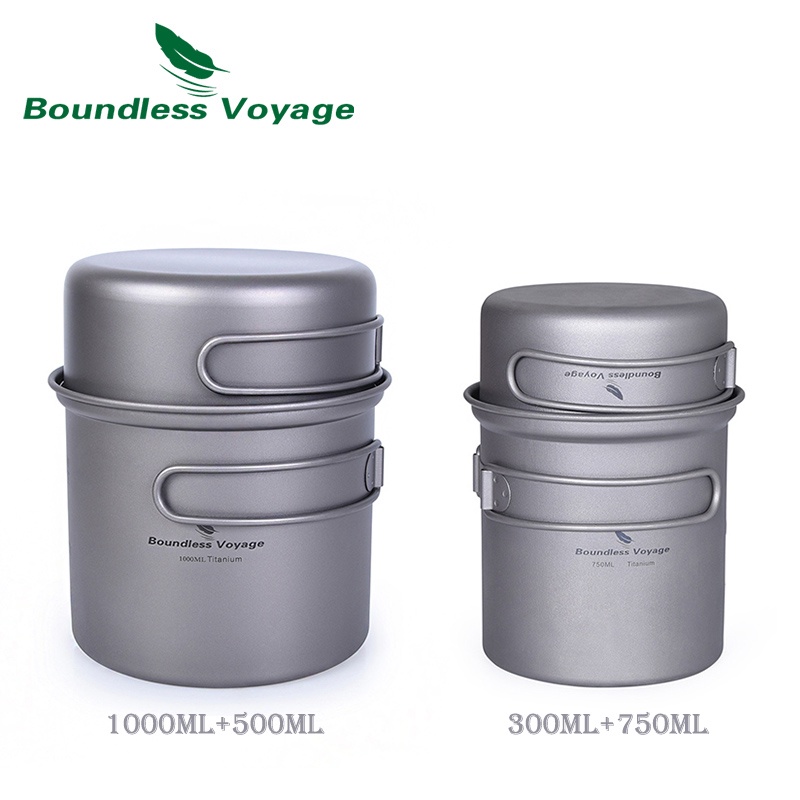 Boundless Voyage ชุดหม้อ กระทะ ไทเทเนียม น้ําหนักเบา พร้อมที่จับพับได้ สําหรับทําอาหารกลางแจ้ง 1-2 คน