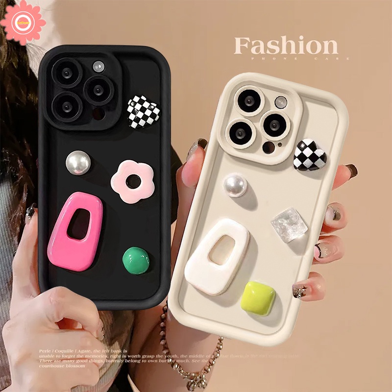 เคสโทรศัพท์มือถือแบบนิ่ม กันกระแทก ลายตารางหมากรุก หัวใจ ดอกไม้ 3D พร้อมกิ๊บติดผม และตุ๊กตา DIY สําหรับ IPhone 11 14 13 15 12 Pro MAX X 7 8 6S 6 Plus XR 7Plus XS MAX SE 2020