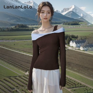 Lanlanlolo เสื้อแขนยาวลําลอง เปิดไหล่ข้างเดียว เข้ารูป สีตัดกัน เข้ากับทุกการแต่งกาย แฟชั่นสําหรับผู้หญิง 2023