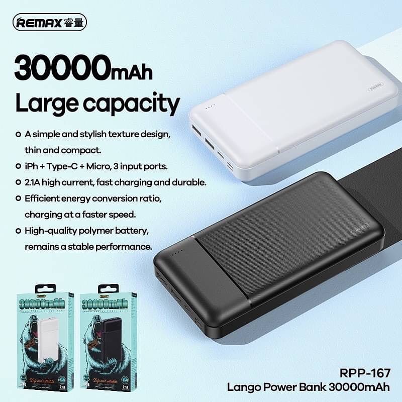 แบตสำรอง Remax 30,000 mAh  Power Bank Remax RPP-167 แบตเตอรี่สำรอง powerbank ขนาดพกพา สะดวก สบาย ใช้