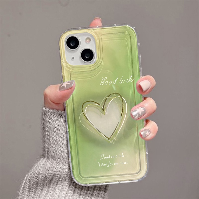 INS เคส for iPhone 16 Pro 11 13 14 12 15 Pro Max เคสไอโฟน13 7 8 15 Plus SE XR X XS maxหัวใจรักซ้อนสีเขียว ดอกไม้สีฟ้า