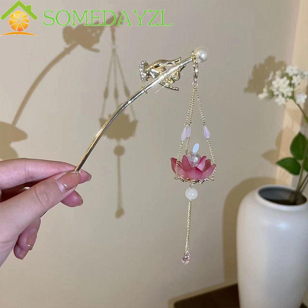 Somedayzl ส้อมผมไฟ LED ดอกไม้ ไข่มุก โคมไฟ ติดผม กิ๊บ Hanfu พร้อมพู่ ดอกบัว สไตล์จีน