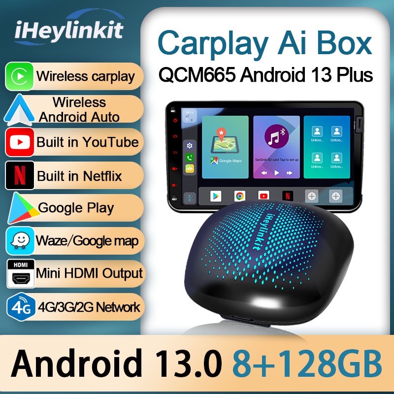 Iheylinkit กล่อง Carplay Ai QCM6125 8+128G Android 13 Plus ไร้สาย Android YouTube Netflix 4G Lte HD 