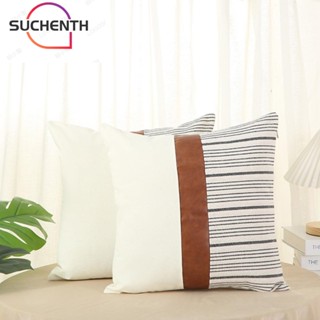 Suchenth ปลอกหมอน ผ้าลินิน หนังเทียม แบบนิ่ม ลายขวาง สีดํา และสีขาว 18x18 นิ้ว สไตล์โมเดิร์น สําหรับตกแต่งบ้านฟาร์ม 2 ชิ้น