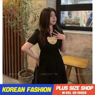 Plus size เสื้อผ้าสาวอวบ❤ เดรสสาวอวบอ้วน ไซส์ใหญ่ ผู้หญิง เดรสออกงาน ทรงสลิมฟิต แขนสั้น คอเหลี่ยม สีดำ ฤดูร้อน สไตล์เกาหลีแฟชั่น