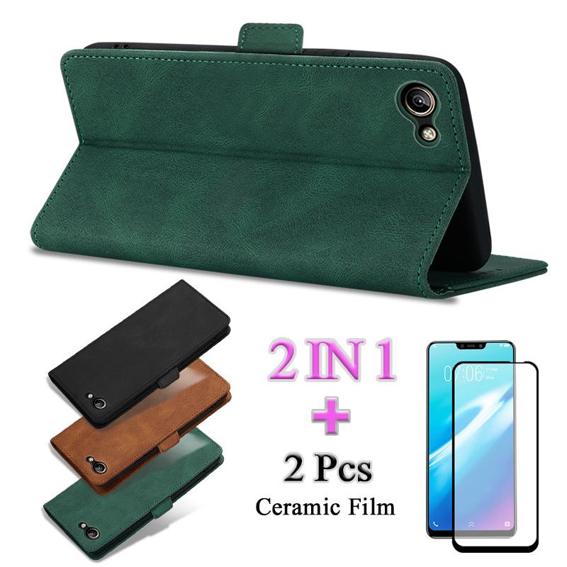 2 IN 1 สําหรับ VIVO Y81i Y83 สําหรับซองหนังหนังพร้อมตัวป้องกันหน้าจอโค้งฟิล์มเซรามิค