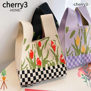 Cherry3 กระเป๋าถือ กระเป๋าสะพายไหล่ กระเป๋าช้อปปิ้ง ผ้าถัก ลายดอกไม้ ใช้ซ้ําได้