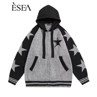 Esea ใหม่ เสื้อโค้ทถักลําลอง มีฮู้ด ทรงหลวม ลายดาว สไตล์ญี่ปุ่น วินเทจ แฟชั่นฤดูใบไม้ร่วง ฤดูหนาว สําหรับผู้ชาย