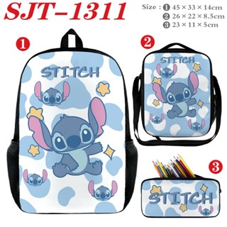 กระเป๋าเป้สะพายหลัง กระเป๋านักเรียน ผ้าแคนวาส ลายการ์ตูน Lilo and Stitch สีสันสดใส ทนต่อการสึกหรอ สําหรับเด็กอนุบาล 3 ชิ้น