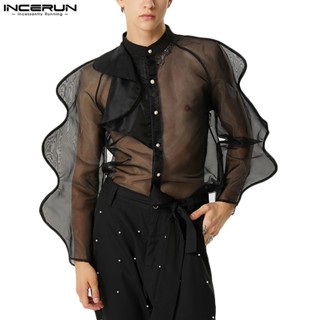 Incerun เสื้อเชิ้ตแขนยาว แขนพัฟ ผ้าตาข่ายโปร่ง สีพื้น สไตล์วินเทจ สําหรับผู้ชาย