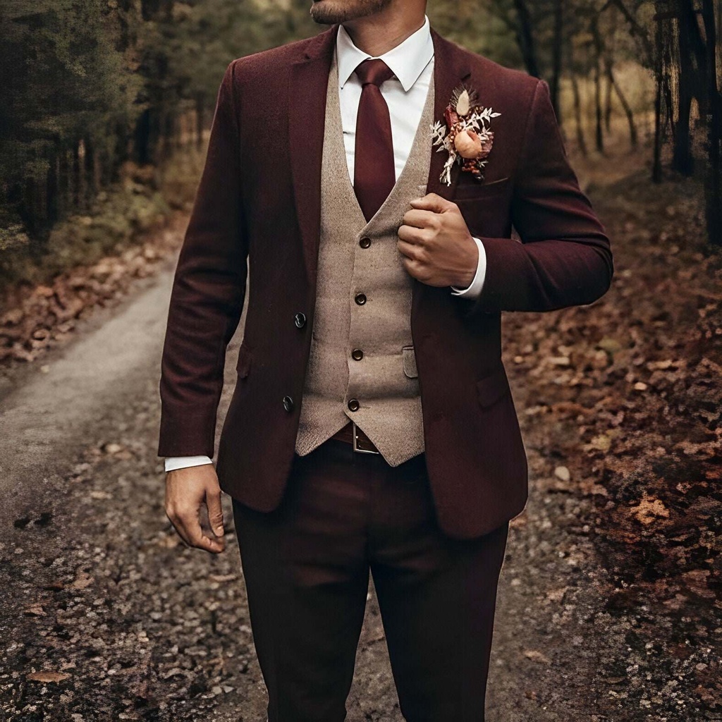 MEN TWEED SUIT - Men Maroon Suit - Maroon Tweed Suit - Maroon Wedding Suit - Maroon Tweed Suit - Men
