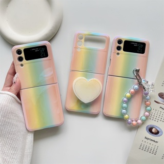 เคสโทรศัพท์มือถือ ผิวมันวาว กันกระแทก พร้อมสายคล้องมือ สีรุ้ง หรูหรา สําหรับ Samsung Galaxy Z Flip 5 Z Flip 4 Z Flip 3 5G Z Flip5 Z Flip4 Z Flip3