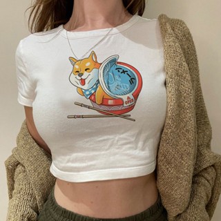 เสื้อครอปท็อป ลาย Shiba Inu น่ารัก สไตล์วินเทจ สําหรับผู้หญิง