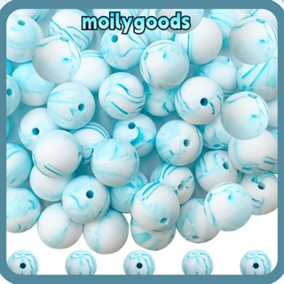 Moilyhd ลูกปัดยางซิลิโคน ทรงกลม สีขาว สีฟ้า 15 มม. สําหรับทําสร้อยข้อมือ DIY