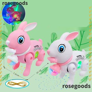 Rosegoods1 ของเล่นคลาน กระต่ายอิเล็กทรอนิกส์ เรืองแสง ลายการ์ตูนน่ารัก พร้อมเชือกลากจูง สุ่มสี มีเสียงเพลง ของเล่นสําหรับเด็ก