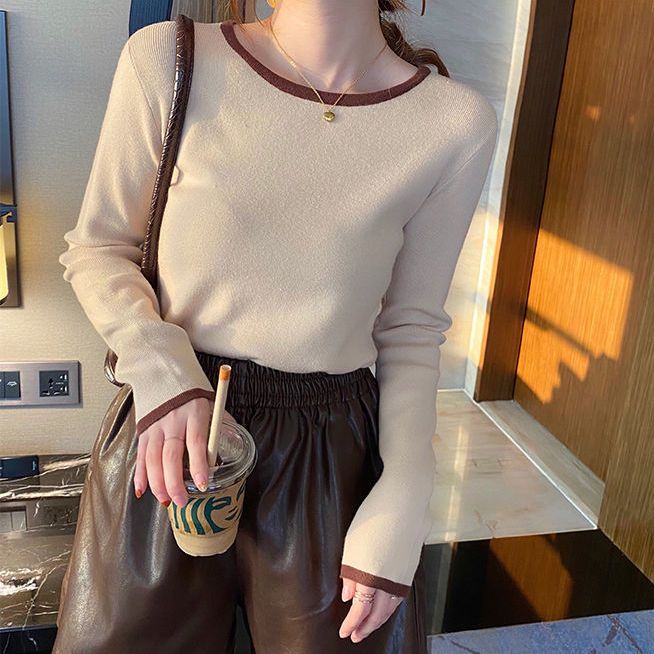Bh เสื้อยืดแขนยาว คอกลม สีตัดกัน แฟชั่นฤดูใบไม้ร่วง ฤดูหนาว สไตล์เกาหลี สําหรับผู้หญิง