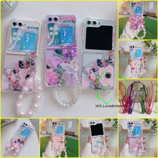 เคสโทรศัพท์ซิลิโคน TPU นิ่ม แบบใส ลายดอกไม้ พร้อมสายคล้องข้อมือ สําหรับ Samsung Galaxy Z Flip 5 Z Flip 4 Z Flip 3