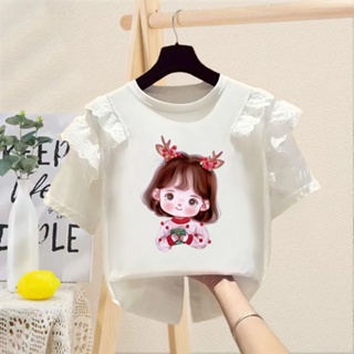 Childrens summer cotton 2023 new lace girlst-shirt summer blouse Korean princess style outwear womens treasure