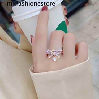 Mxfashione แหวนทองแดง ประดับโบว์ พลอยเทียม สองชั้น ของขวัญวันวาเลนไทน์