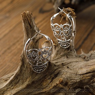 0908WSJ Cross-Border Halloween Ornaments Dark Style Ancient Silver Pattern Skull Left and Right Ear Studs Earrings OUKJ