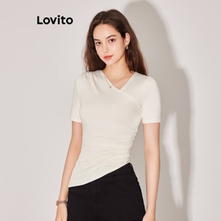 Lovito เสื้อยืด สีพื้น หรูหรา แต่งชายไม่เท่ากัน จับจีบ สำหรับผู้หญิง L59ED040(สีแอปริคอท)