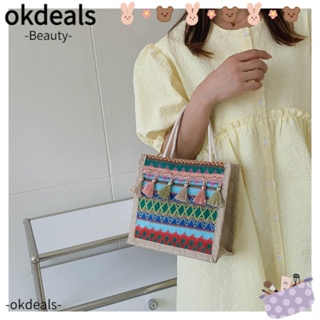 Okdeals กระเป๋าถือ กระเป๋าสะพายไหล่ หนัง PU ทรงโท้ท ผ้าลินิน แต่งพู่ มีซิป แฟชั่นฤดูร้อน สําหรับสตรี