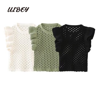 Uibey เสื้อกั๊กถัก คอกลม กลวง แฟชั่น 3516