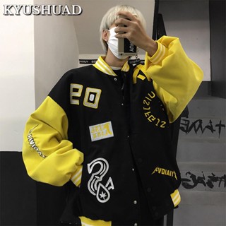 Kyushuad เสื้อแจ็กเก็ตเบสบอลลําลอง พิมพ์ลายตัวอักษร สไตล์เกาหลี เรโทร สําหรับผู้ชาย และผู้หญิง