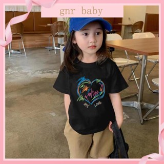 🍓GNR BABY🫐เสื้อยืดแขนสั้น ผ้าฝ้าย ลายหัวใจ สีดํา สําหรับเด็กผู้หญิง อายุ 3-12 ปี