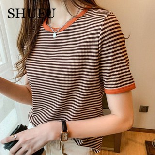 SHUFU 2365 พร้อมส่ง เสื้อยืดลําลอง ผ้าฝ้าย แขนสั้น คอกลม ลายทาง สไตล์เกาหลี พลัสไซซ์ สําหรับสตรี