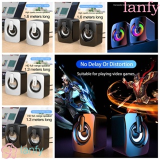 Lanfy ลําโพงสเตอริโอ แบบมีสาย USB พร้อมไฟ LED เสียงเบสหนัก แบบพกพา สําหรับคอมพิวเตอร์ PC