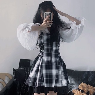 เสื้อท็อป แต่งจับจีบ แต่งจับจีบ ลายสก๊อต แฟชั่นฤดูใบไม้ผลิ และฤดูร้อน L4R1