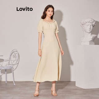 Lovito ชุดเดรส แขนพอง ซิปหลัง สำหรับผู้หญิง L59ED112 (สีเหลืองอ่อน)