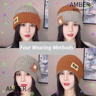 Amber หมวกบีนนี่ ผ้าวูลถัก ป้องกันหู ให้ความอบอุ่น พิมพ์ลายตัวอักษร สองด้าน อินเทรนด์ฤดูหนาว สําหรับผู้หญิง