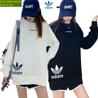 Adidas เสื้อกันหนาว หนังกลับ พิมพ์ลายใบโคลเวอร์ 100% ขนาดใหญ่ แบบสวมหัว สําหรับผู้หญิง