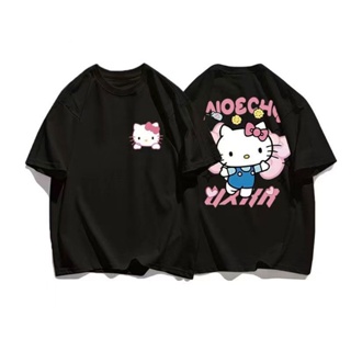 【ใหม่】 hellokitty สวมเสื้อยืดแขนสั้นผ้าฝ้ายสองสีสีดำและสีขาวด้านบนสุดน่ารัก แฟชั่น