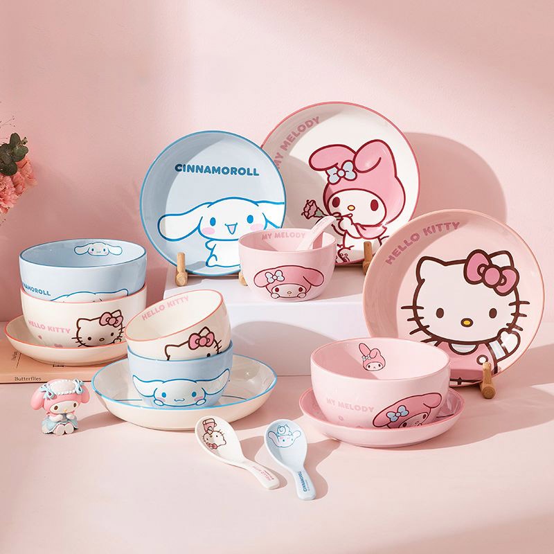 Sanrio ชุดจานชามเซรามิค ลาย Hello Kitty My Melody Cinnamoroll ของใช้ในครัวเรือน สําหรับอุ่นอาหาร