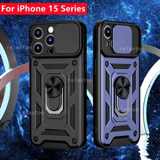 Casing For iPhone 15 14 Pro Max Plus 15Plus 14Plus 15Pro 15ProMax iPhone15 5G Shockproof Phone Case Armor Metal Ring Bracket Stent Push Camera Lens Protection Back Casing Cover