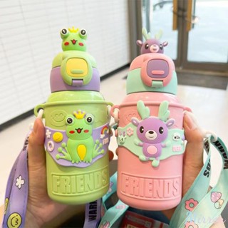 450ml น่ารัก THERMOS ขวดฟาง Kawaii 3D สัตว์กบตุ๊กตาถ้วยน้ำรั่ว 304 สแตนเลสการ์ตูน THERMOS แก้วเด็ก THERMOS M