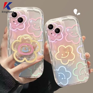 เคสโทรศัพท์มือถือ ซิลิโคนนิ่ม ใส ขอบโค้ง ลายหน้ายิ้ม ดอกไม้ 3D พร้อมขาตั้ง สําหรับ VIVO Y16 Y22 Y22S Y02 Y12S Y35 Y56 Y02A Y12 Y20 Y15S Y15C