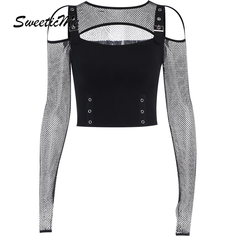 Sweeticme ผู้หญิง 2023 ใหม่ฮาโลวีนแฟชั่นสีทึบ Hollow เซ็กซี่แขนยาว Slim Fit Causal Streetwear เสื้อยืด