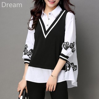 POLO collar large size womens wear Korean style loose plus fat seven-quarter sleeve fake two-piece fashion bottoming shirt for women