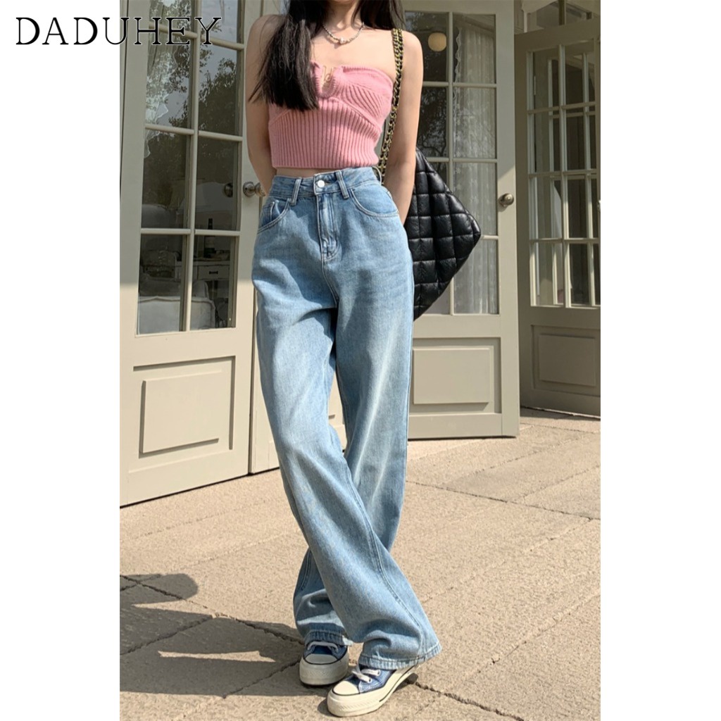 DaDuHey🎈 Women's American Style New High-Street Retro Loose Pants Fashion High Waist Wide Leg Straight Casual Mopping Jeans