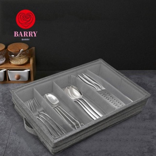 Barry กล่องเก็บช้อนส้อม 5 ช่อง พับได้ กันฝุ่น พร้อมฝาปิด PVC สีเทา