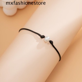 Mxfashione สร้อยข้อเท้า ประดับไข่มุกเทียม ขี้ผึ้ง สีดํา สไตล์โบฮีเมียน ปรับได้ เรียบง่าย